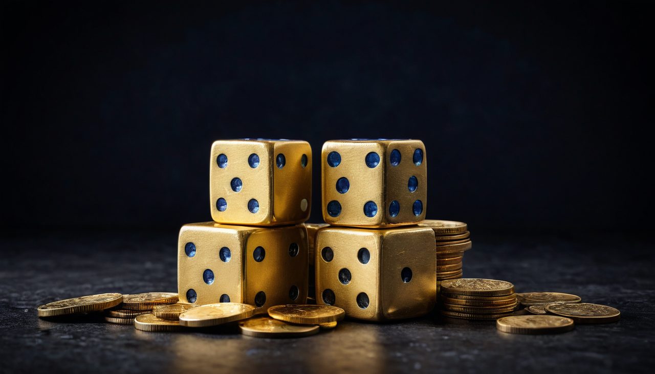 金色骰子與高低兩疊金幣的對比示意圖