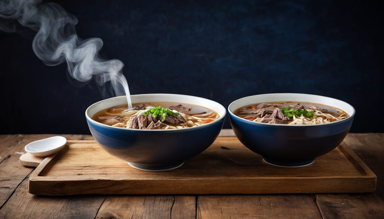 兩碗一模一樣的牛肉麵並排在木桌上