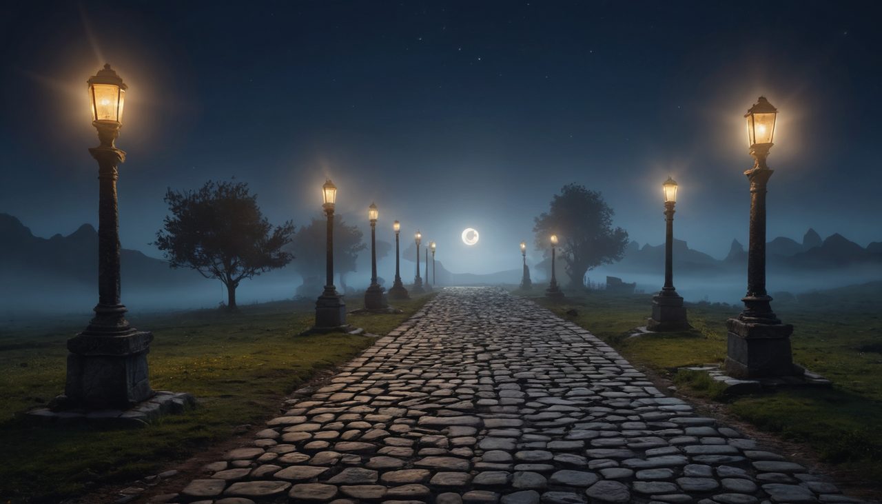 黑卡蒂試玩示意圖：月夜下火炬燈相伴的石板路