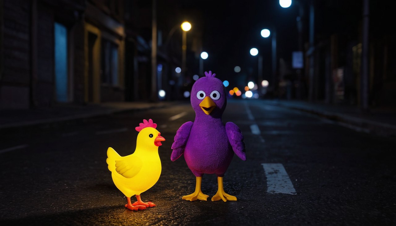 雞衝馬路 Chicken Crash 預測迷思示意圖：畫面車流是動畫佈景、不是路況，被撞與否在踏出瞬間由公開的機率機制產生