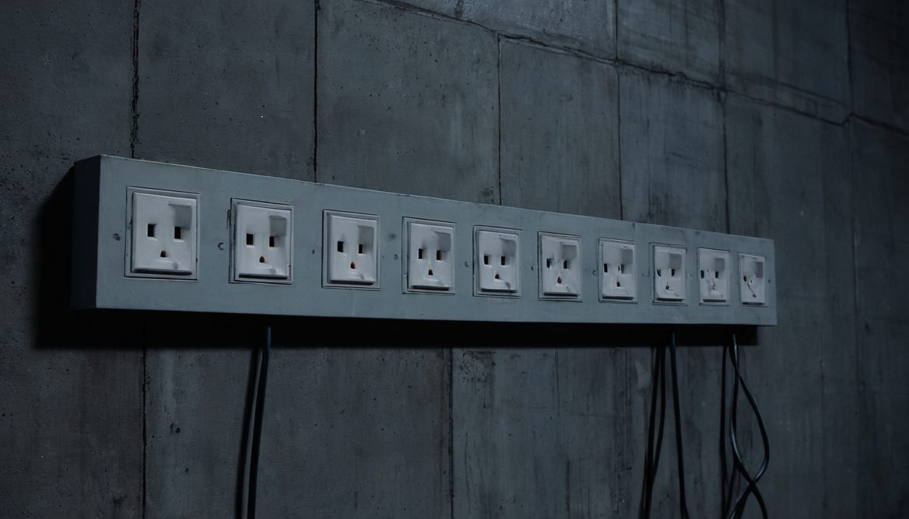 雷神之錘II選房迷思示意圖:深色牆上一排相同的插座,電纜連向遠處同一座變電所