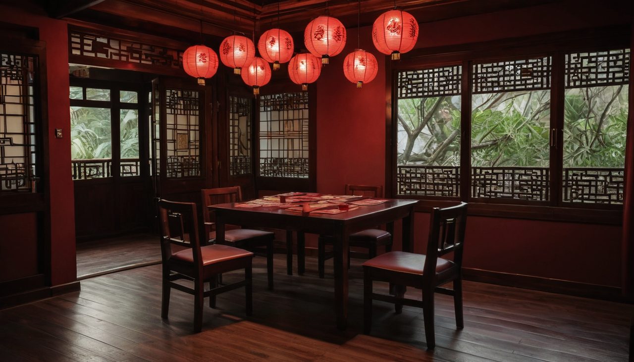 麻將來了免費試玩示意圖：紅金牌桌上一階一階往上亮的翻倍階梯與台灣麻將牌