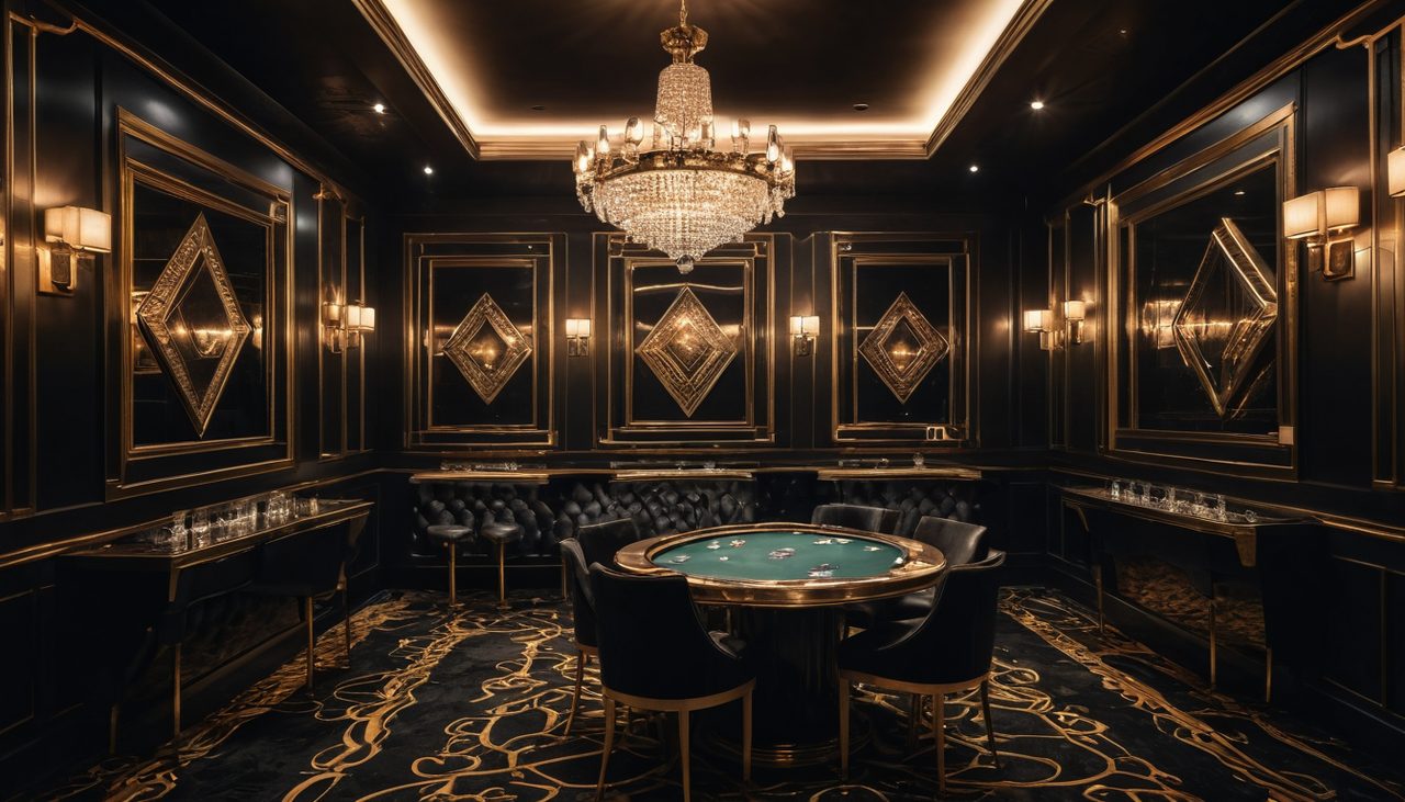 奢華 The Luxe 試玩示意圖：黑金精品倉庫裡整齊排列的金邊框樣品