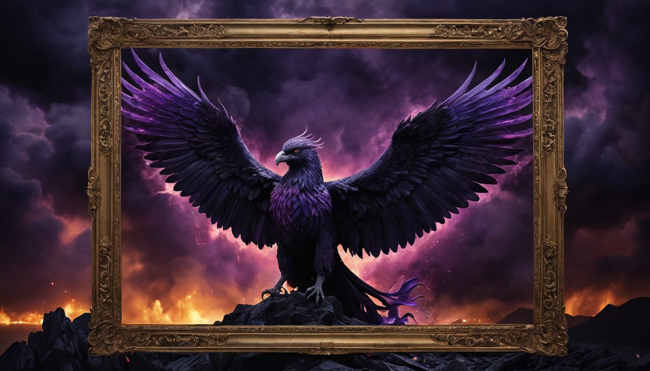 魔化－黑鳳凰抽卡遊戲風格示意圖：黑紫烈焰中的黑鳳凰與金色畫框