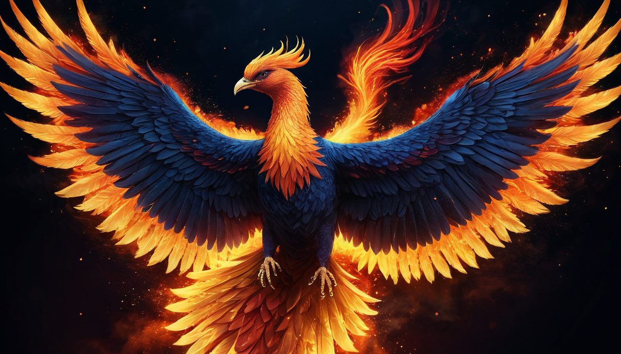 鳳凰抽卡遊戲風格示意圖：金紅烈焰中展翅上升的不死神鳥