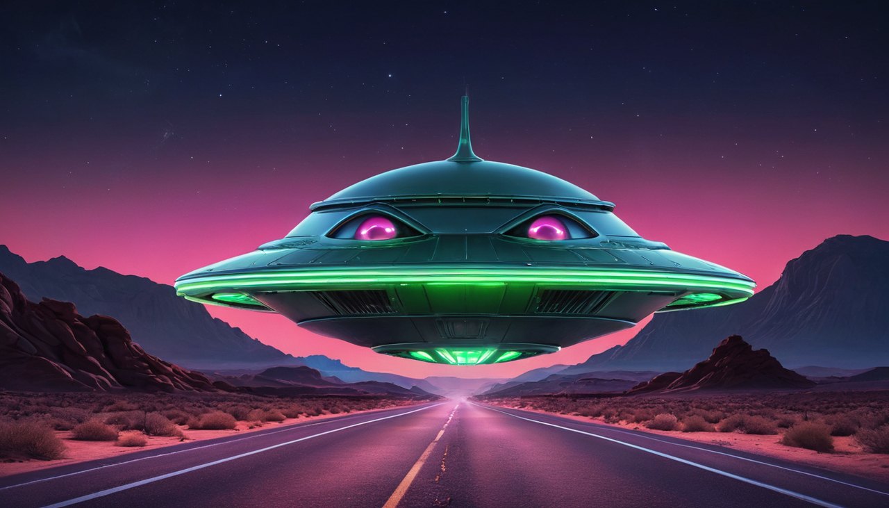 外星人在我們之中老虎機主題示意圖：卡通外星人與飛碟入侵黃昏農場