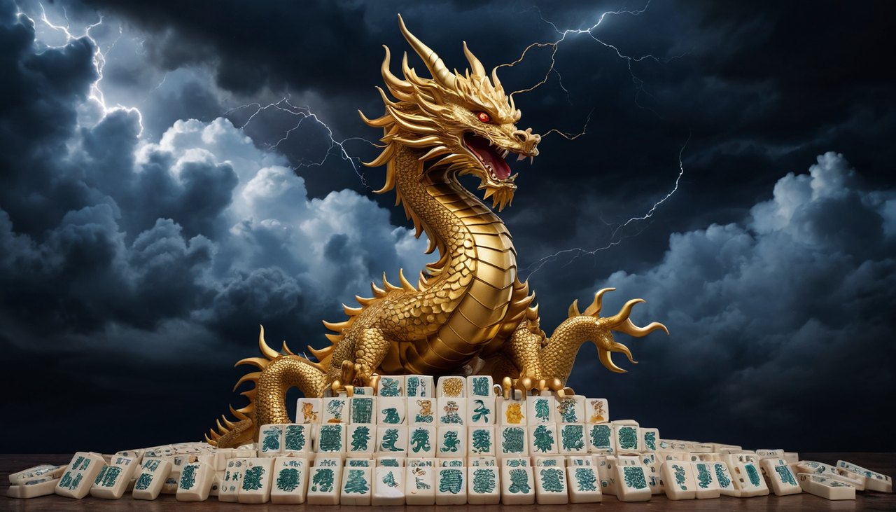 麻將傳奇老虎機主題示意圖：金龍盤繞麻將牌