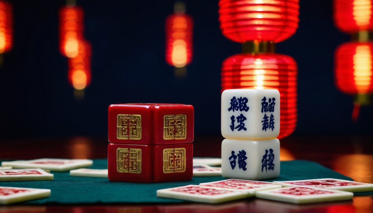 麻將來了老虎機主題示意圖：麻將牌與紅金牌桌