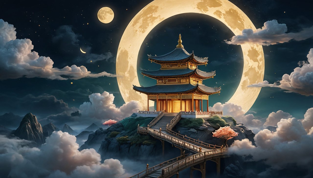 天宮聖女老虎機主題示意圖：雲上天宮與明月