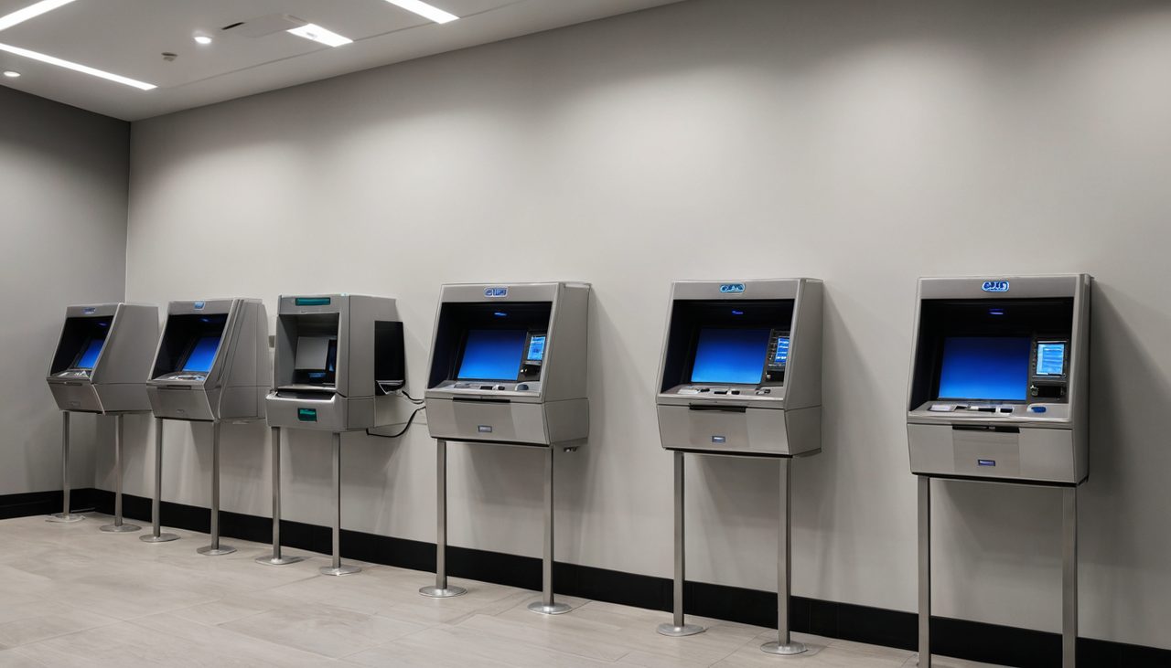 幸運幣大亨2選房迷思示意圖：牆上一排相同的 ATM 提款機，纜線連向遠處同一個銀行核心機房